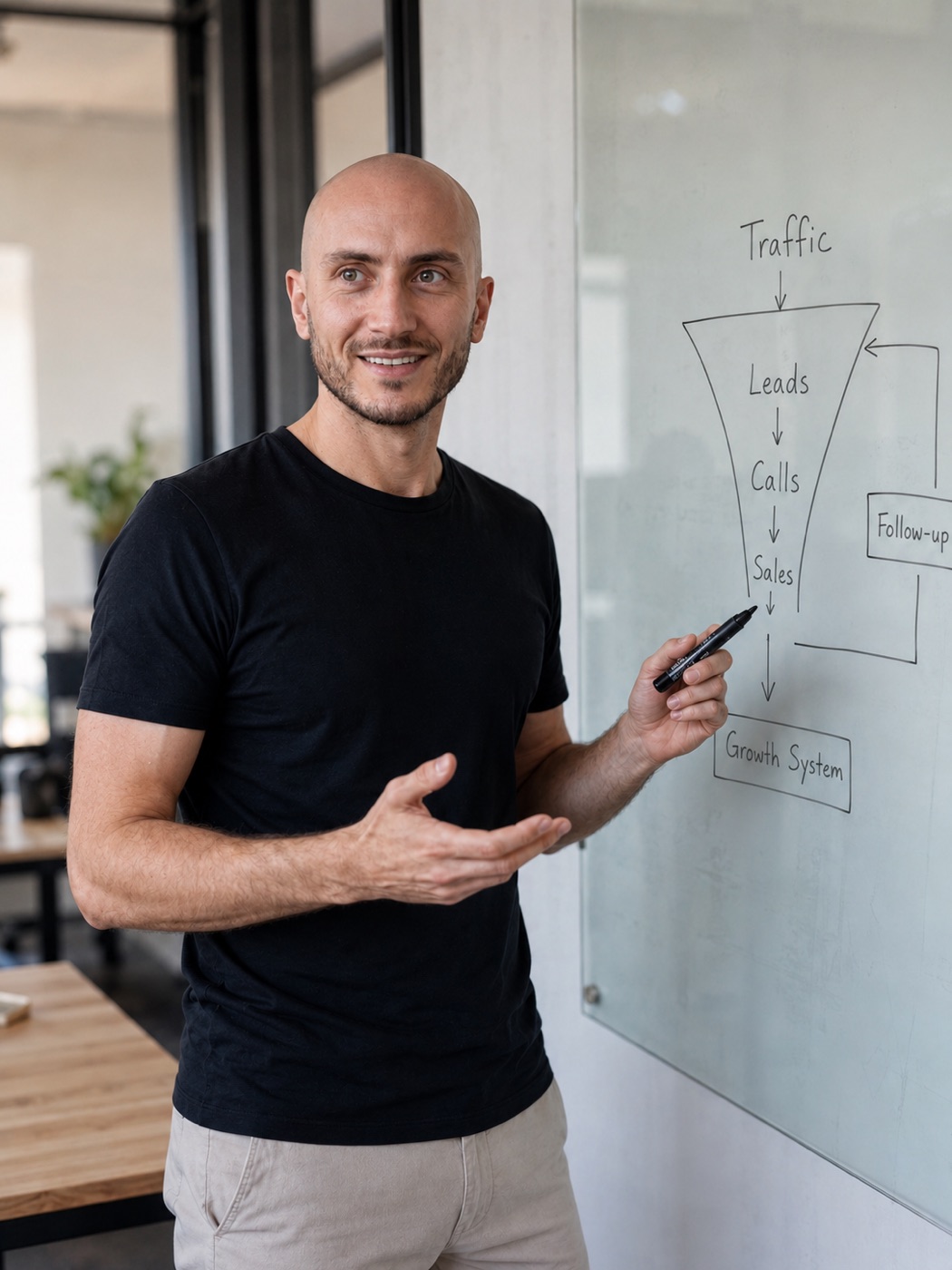 Alixan Favre détaillant un funnel d'acquisition au tableau blanc